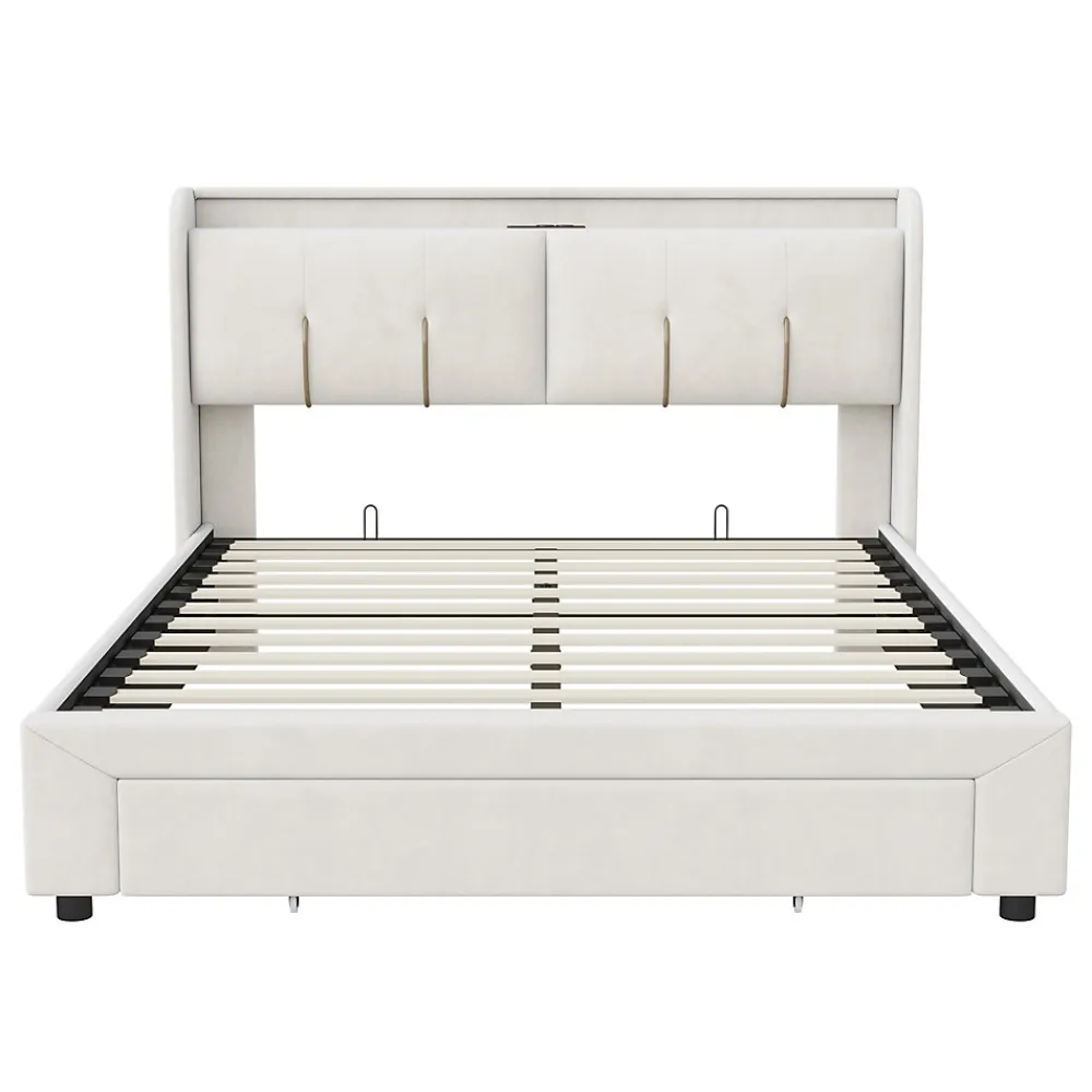 Lit double 160x200 cm en velours beige, avec rangement, LED et ports USB>Generique Sale