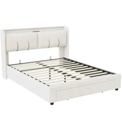 Lit double 160x200 cm en velours beige, avec rangement, LED et ports USB><noscript><img width=