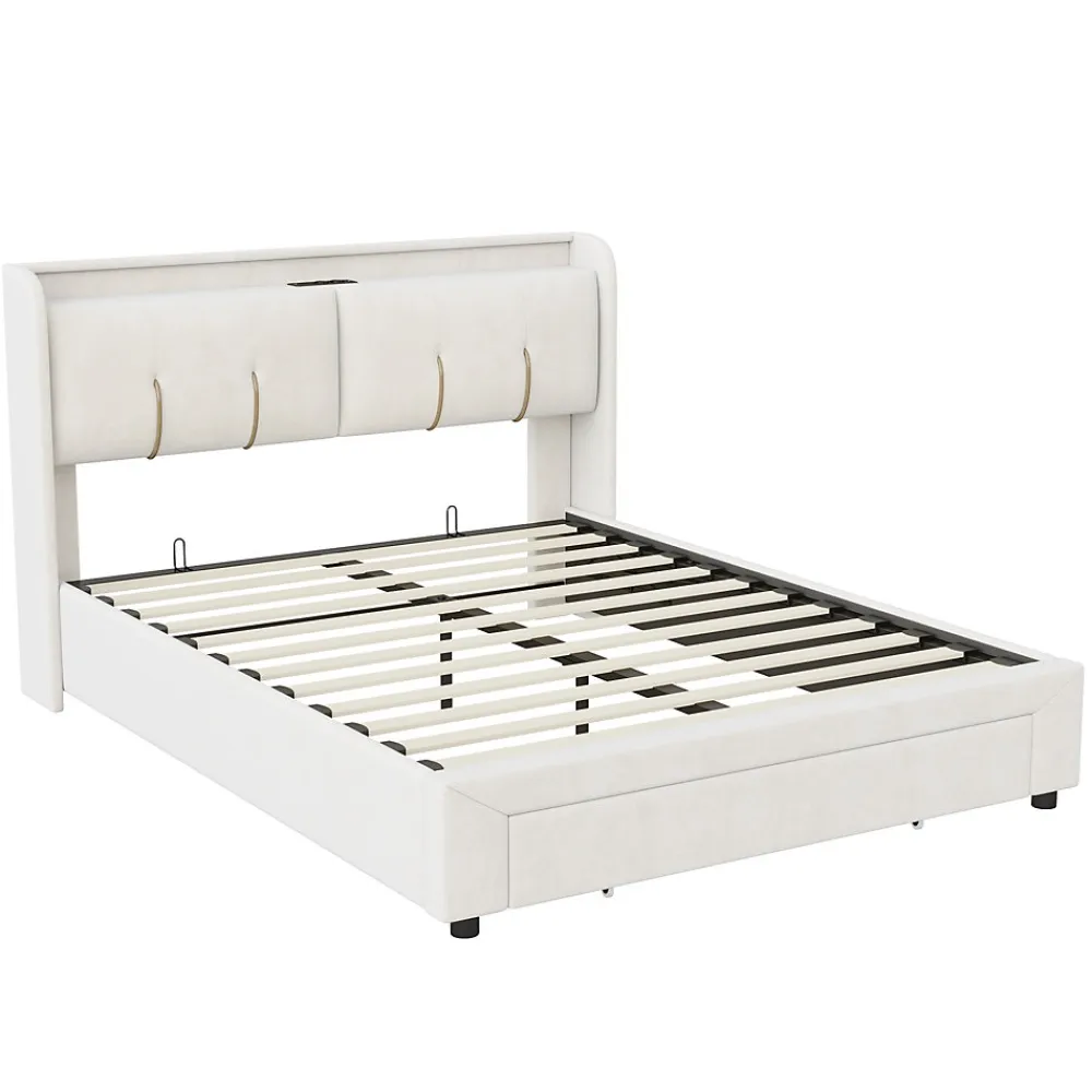 Lit double 160x200 cm en velours beige, avec rangement, LED et ports USB>Generique Sale
