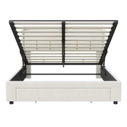 Lit double 160x200 cm en velours beige, avec rangement, LED et ports USB><noscript><img width=