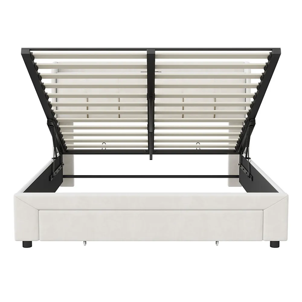 Lit double 160x200 cm en velours beige, avec rangement, LED et ports USB>Generique Sale