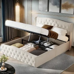Lit double 140x200 cm en velours blanc cassé avec clous décoratifs, motif ondulé, sommier à lattes et rangement>ProximaX Hot