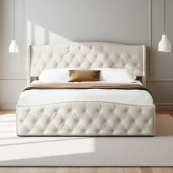 Lit double 140x200 cm en velours blanc cassé avec clous décoratifs, motif ondulé, sommier à lattes et rangement>ProximaX Hot