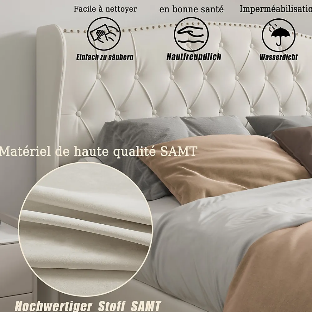 Lit double 140x200 cm en velours blanc cassé avec clous décoratifs, motif ondulé, sommier à lattes et rangement>ProximaX Hot
