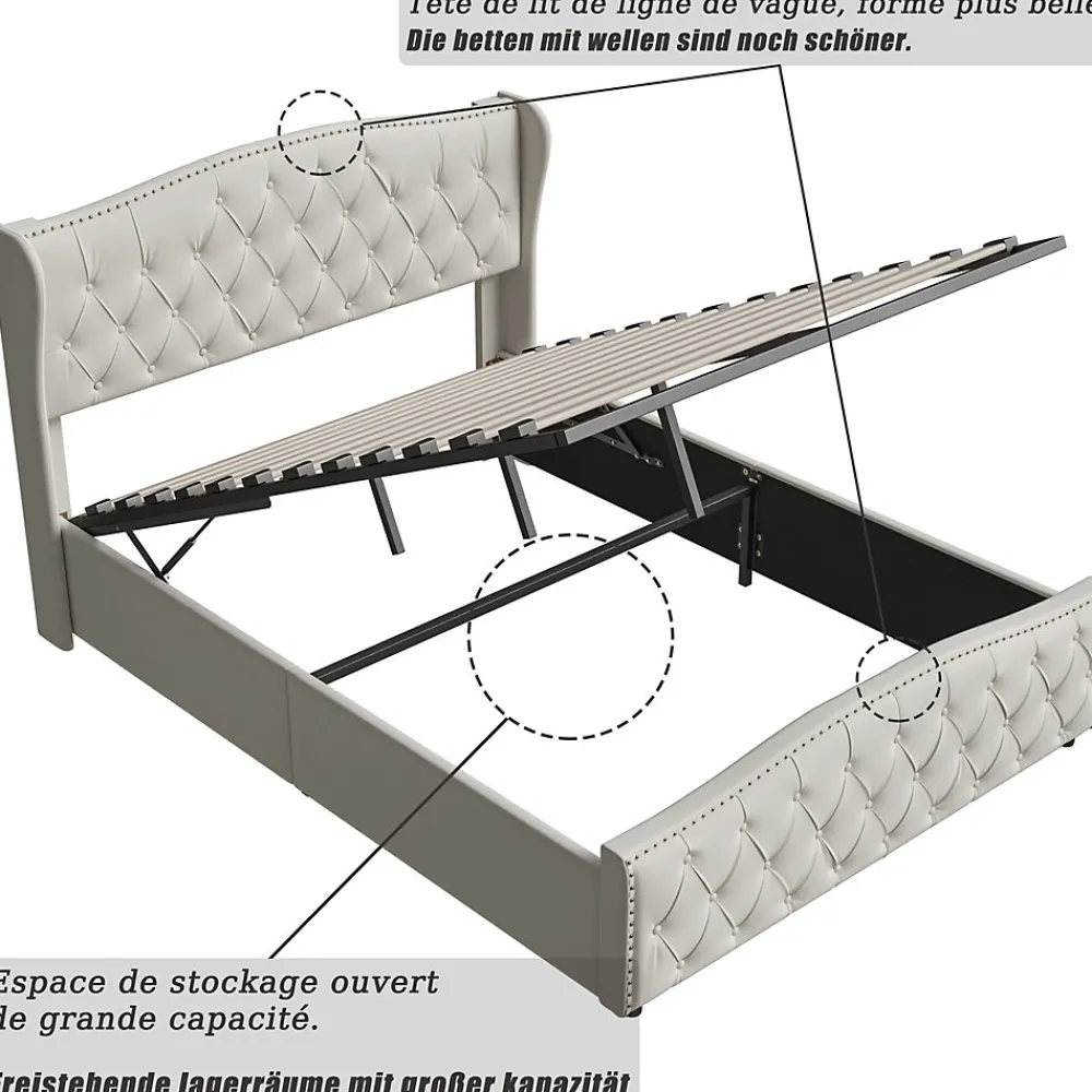 Lit double 140x200 cm en velours blanc cassé avec clous décoratifs, motif ondulé, sommier à lattes et rangement>ProximaX Hot