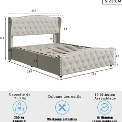 Lit double 140x200 cm en velours blanc cassé avec clous décoratifs, motif ondulé, sommier à lattes et rangement><noscript><img width=