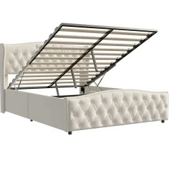 Lit double 140x200 cm en velours blanc cassé avec clous décoratifs, motif ondulé, sommier à lattes et rangement><noscript><img width=
