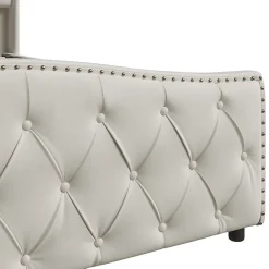 Lit double 140x200 cm en velours blanc cassé avec clous décoratifs, motif ondulé, sommier à lattes et rangement><noscript><img width=
