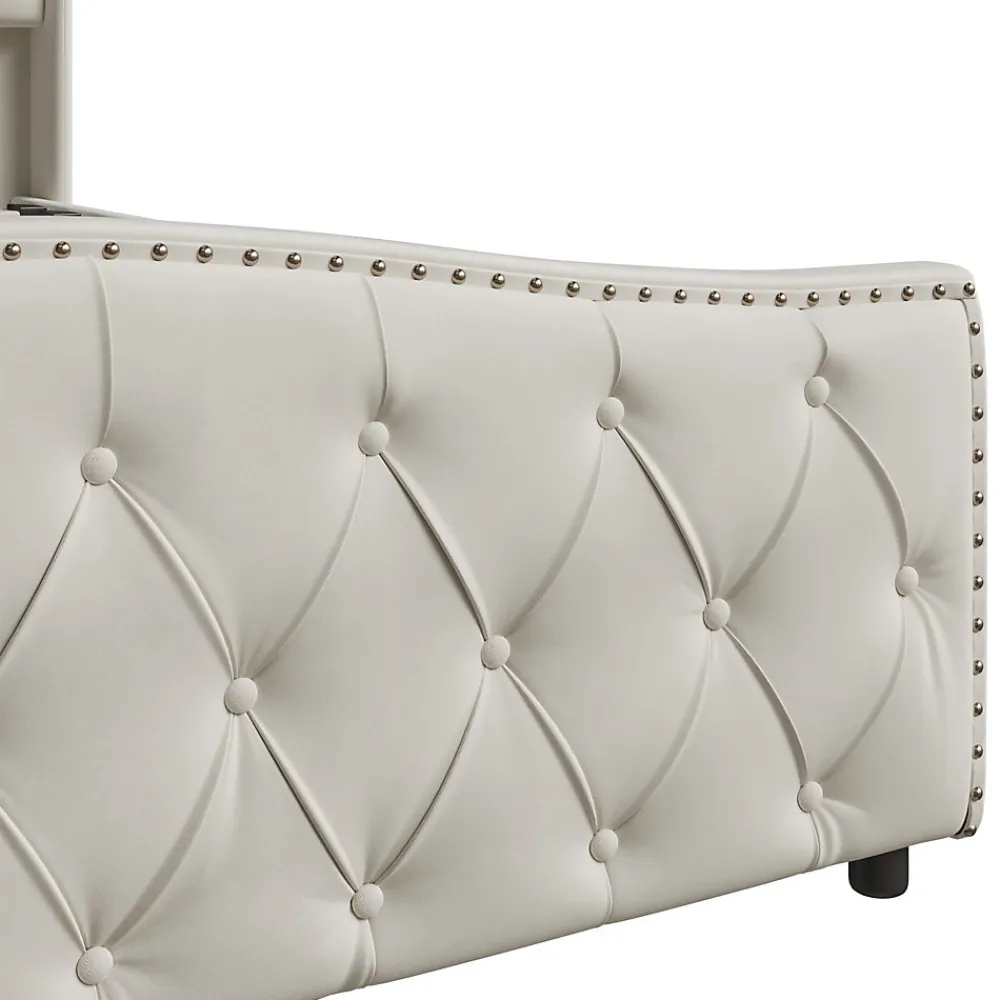 Lit double 140x200 cm en velours blanc cassé avec clous décoratifs, motif ondulé, sommier à lattes et rangement>ProximaX Hot