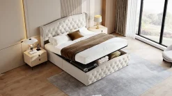 Lit double 140x200 cm en velours blanc cassé avec clous décoratifs, motif ondulé, sommier à lattes et rangement><noscript><img width=