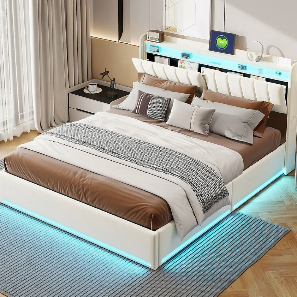 Lit double 160x200 cm en velours beige avec éclairage LED RGB, ports USB & Type-C, tête de lit avec rangement et 4 tiroirs>ProximaX Clearance