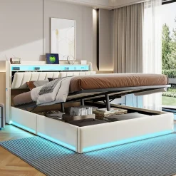 Lit double 160x200 cm en velours beige avec éclairage LED RGB, ports USB & Type-C, tête de lit avec rangement et 4 tiroirs><noscript><img width=
