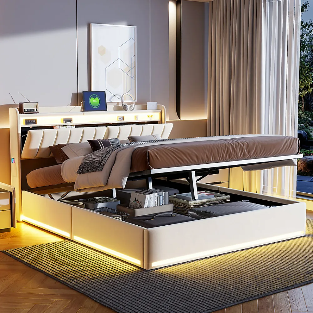 Lit double 160x200 cm en velours beige avec éclairage LED RGB, ports USB & Type-C, tête de lit avec rangement et 4 tiroirs>ProximaX Clearance