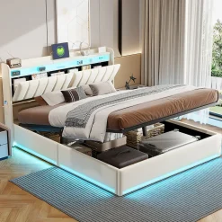 Lit double 160x200 cm en velours beige avec éclairage LED RGB, ports USB & Type-C, tête de lit avec rangement et 4 tiroirs><noscript><img width=