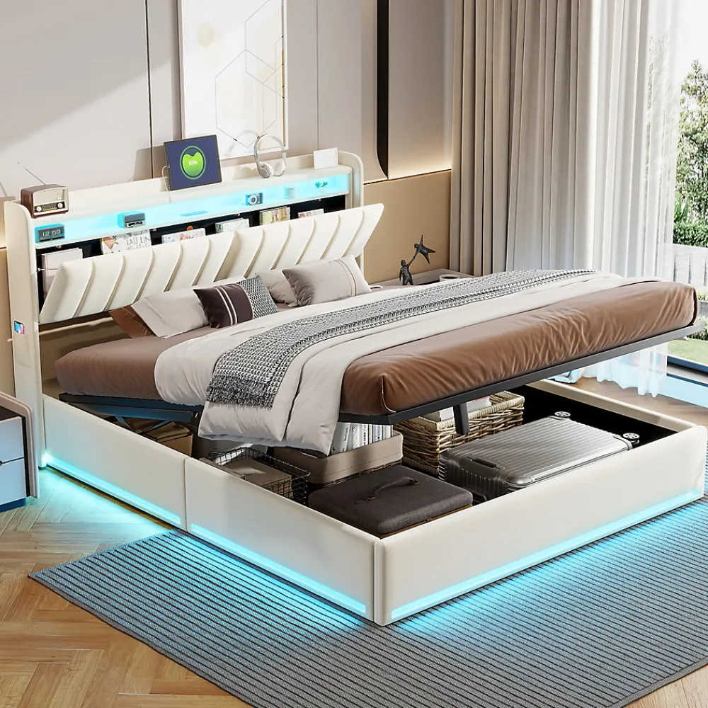 Lit double 160x200 cm en velours beige avec éclairage LED RGB, ports USB & Type-C, tête de lit avec rangement et 4 tiroirs>ProximaX Clearance