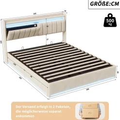 Lit double 160x200 cm en velours beige avec éclairage LED RGB, ports USB & Type-C, tête de lit avec rangement et 4 tiroirs><noscript><img width=
