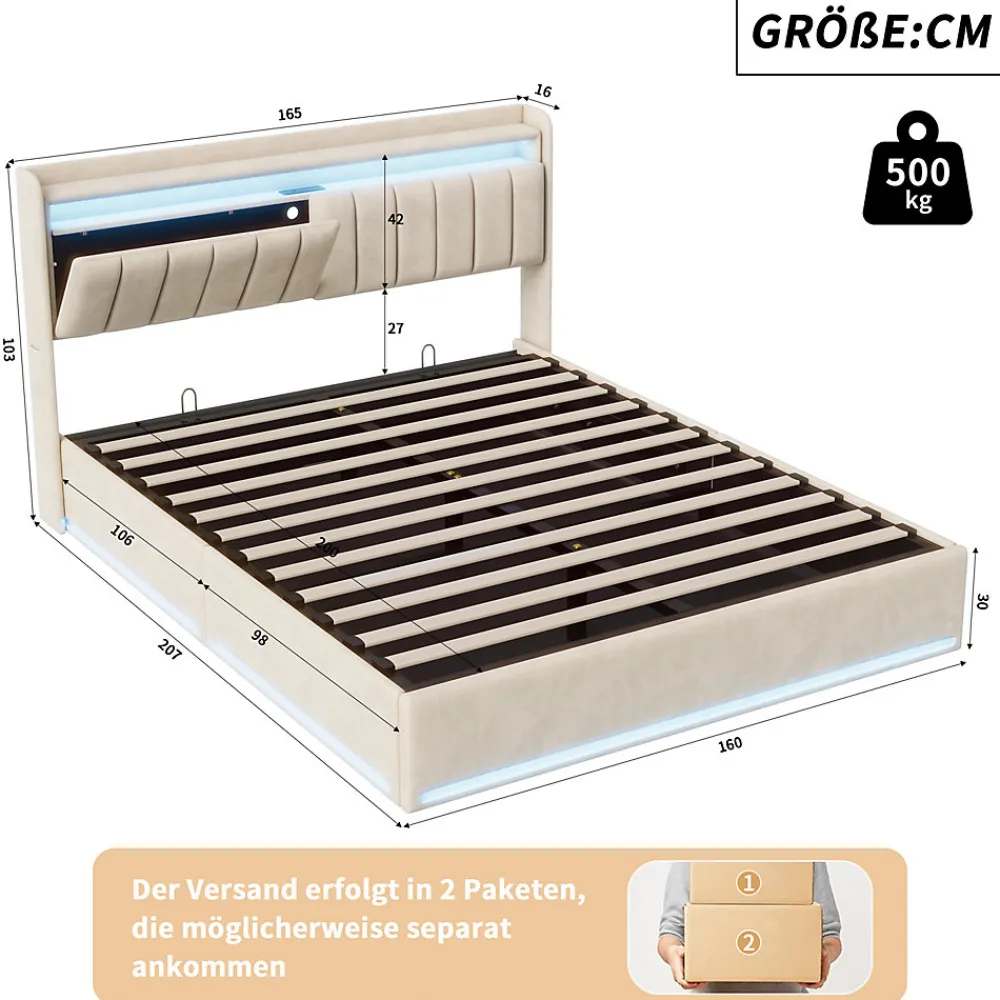 Lit double 160x200 cm en velours beige avec éclairage LED RGB, ports USB & Type-C, tête de lit avec rangement et 4 tiroirs>ProximaX Clearance