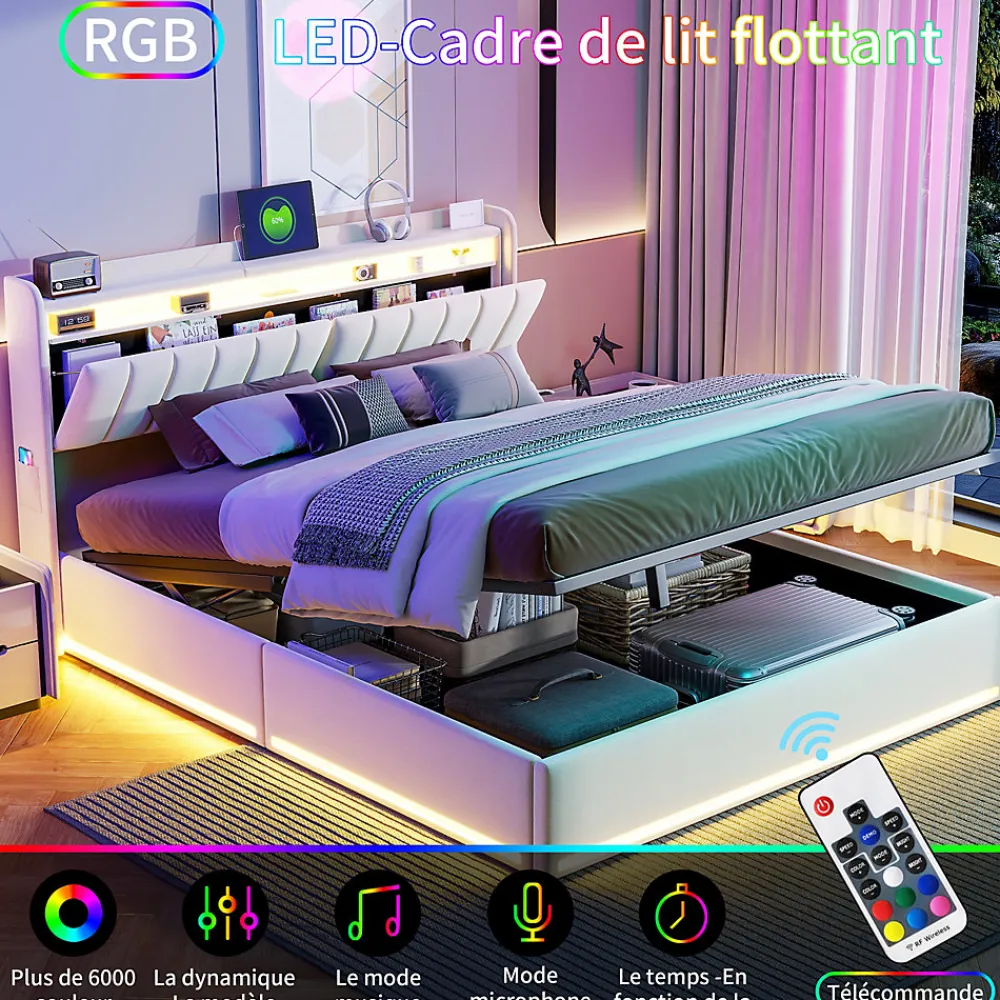 Lit double 160x200 cm en velours beige avec éclairage LED RGB, ports USB & Type-C, tête de lit avec rangement et 4 tiroirs>ProximaX Clearance