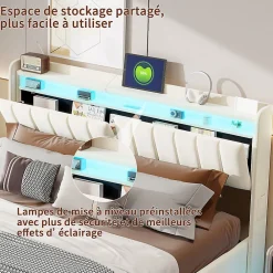 Lit double 160x200 cm en velours beige avec éclairage LED RGB, ports USB & Type-C, tête de lit avec rangement et 4 tiroirs><noscript><img width=
