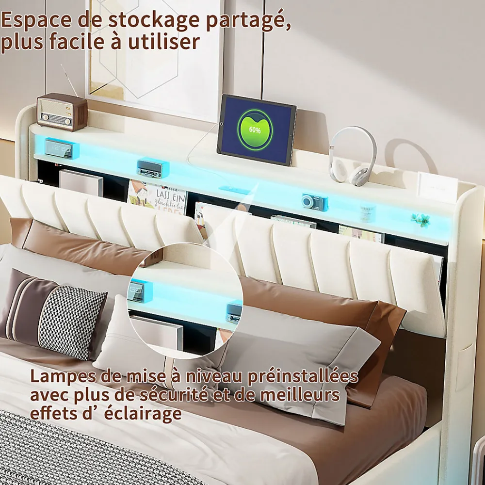 Lit double 160x200 cm en velours beige avec éclairage LED RGB, ports USB & Type-C, tête de lit avec rangement et 4 tiroirs>ProximaX Clearance