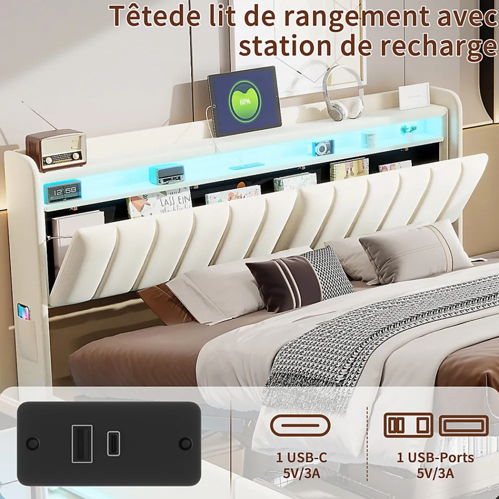 Lit double 160x200 cm en velours beige avec éclairage LED RGB, ports USB & Type-C, tête de lit avec rangement et 4 tiroirs>ProximaX Clearance