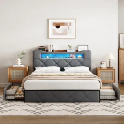 Simple Life Lit double 140x190 cm en velours gris avec LED,USB, sommier à lattes, tête de lit rangement et 4 tiroirs, Velours, Beige* Lit Coffre
