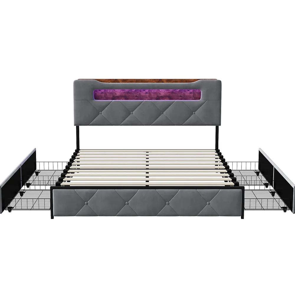 Simple Life Lit double 140x190 cm en velours gris avec LED,USB, sommier à lattes, tête de lit rangement et 4 tiroirs, Velours, Beige* Lit Coffre