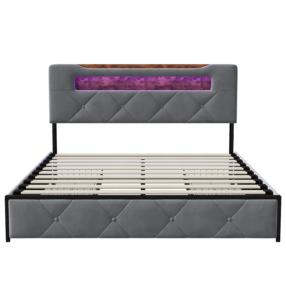 Simple Life Lit double 140x190 cm en velours gris avec LED,USB, sommier à lattes, tête de lit rangement et 4 tiroirs, Velours, Beige* Lit Coffre