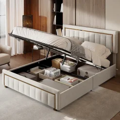 Lit double 160x200 cm en velours avec bordure dorée, tête de lit capitonnée, lit coffre avec espace de rangement, Beige><noscript><img width=