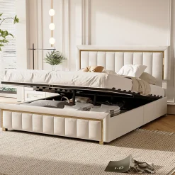 Lit double 160x200 cm en velours avec bordure dorée, tête de lit capitonnée, lit coffre avec espace de rangement, Beige><noscript><img width=