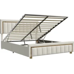 Lit double 160x200 cm en velours avec bordure dorée, tête de lit capitonnée, lit coffre avec espace de rangement, Beige><noscript><img width=