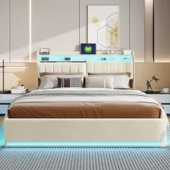 Lit double 140x200 cm en velours beige avec éclairage LED RGB, ports USB & Type-C, tête de lit avec rangement>ProximaX Discount