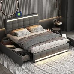 ProximaX Lit double 140x200 cm gris tissu avec LED, 4 tiroirs, 2 ports USB, cadre avec tête et pied LED, Lit plateforme avec rangement* Lit Coffre