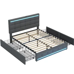 ProximaX Lit double 140x200 cm gris tissu avec LED, 4 tiroirs, 2 ports USB, cadre avec tête et pied LED, Lit plateforme avec rangement* Lit Coffre