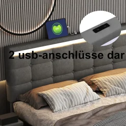 ProximaX Lit double 140x200 cm gris tissu avec LED, 4 tiroirs, 2 ports USB, cadre avec tête et pied LED, Lit plateforme avec rangement* Lit Coffre