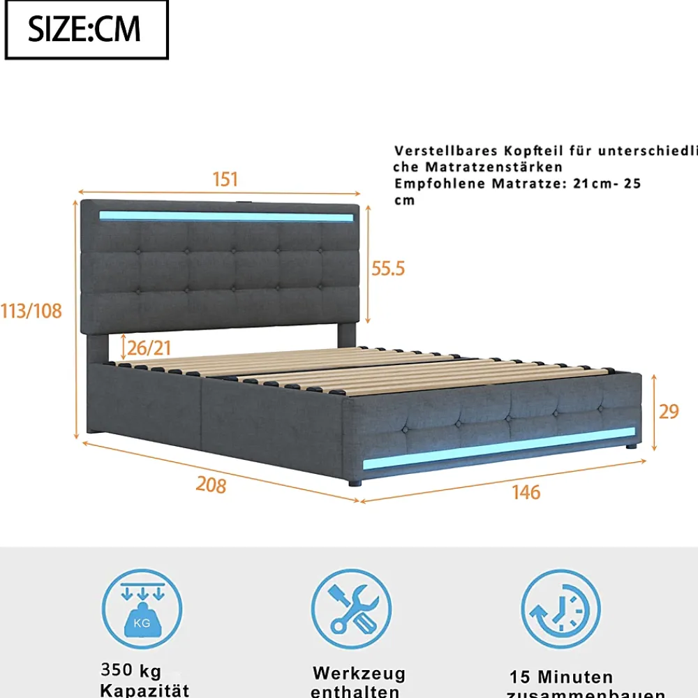ProximaX Lit double 140x200 cm gris tissu avec LED, 4 tiroirs, 2 ports USB, cadre avec tête et pied LED, Lit plateforme avec rangement* Lit Coffre