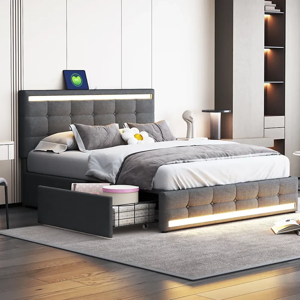 ProximaX Lit double 140x200 cm gris tissu avec LED, 4 tiroirs, 2 ports USB, cadre avec tête et pied LED, Lit plateforme avec rangement* Lit Coffre