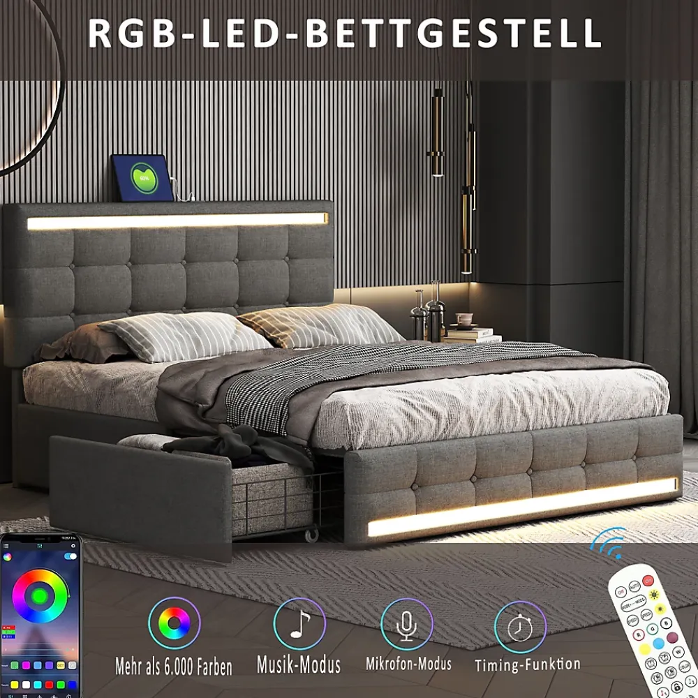 ProximaX Lit double 140x200 cm gris tissu avec LED, 4 tiroirs, 2 ports USB, cadre avec tête et pied LED, Lit plateforme avec rangement* Lit Coffre