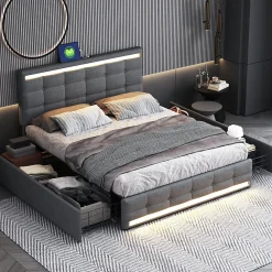 ProximaX Lit double 140x200 cm gris tissu avec LED, 4 tiroirs, 2 ports USB, cadre avec tête et pied LED, Lit plateforme avec rangement* Lit Coffre