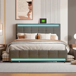 Lit double 140x200 cm, LED, 4 tiroirs, tête de lit avec USB, tissu lin gris>Simple Life Outlet