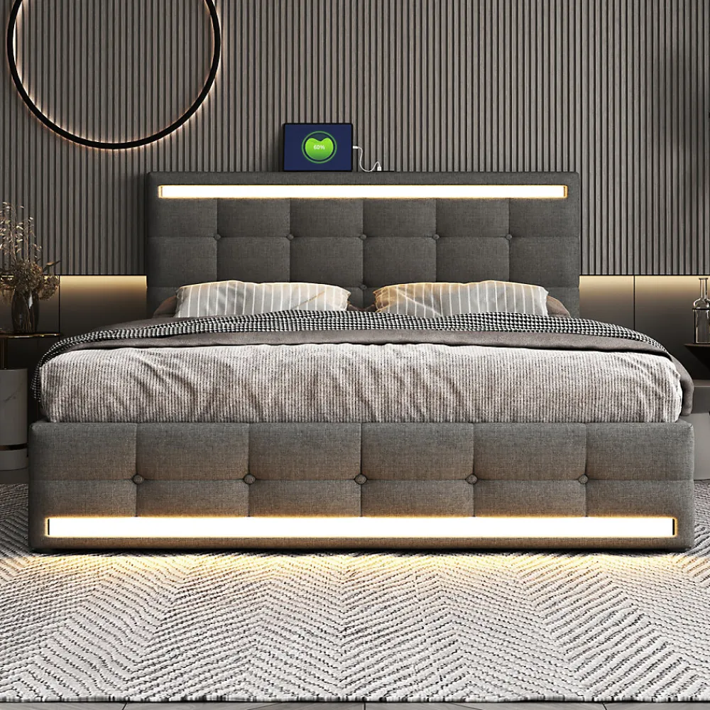 Lit double 140x200 cm, LED, 4 tiroirs, tête de lit avec USB, tissu lin gris>Simple Life Outlet