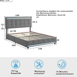 Lit double 140x200 cm, LED, 4 tiroirs, tête de lit avec USB, tissu lin gris><noscript><img width=