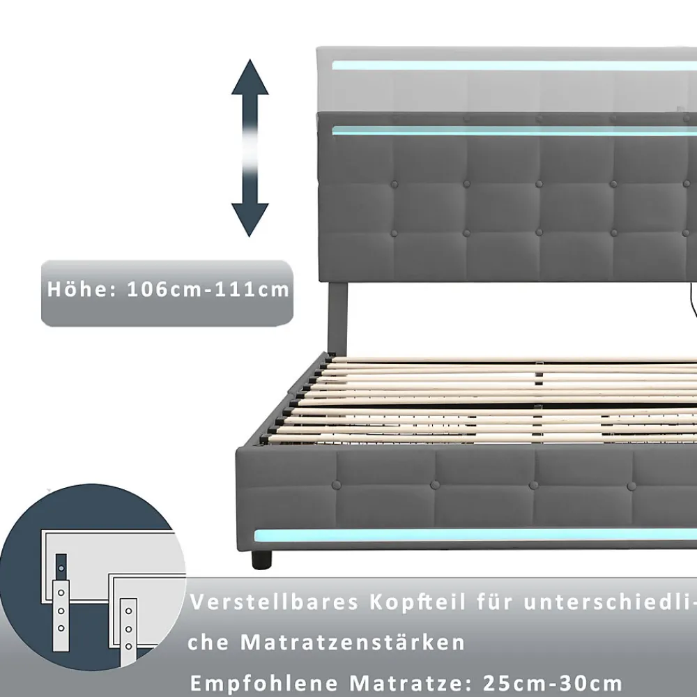 Lit double 140x200 cm, LED, 4 tiroirs, tête de lit avec USB, tissu lin gris>Simple Life Outlet