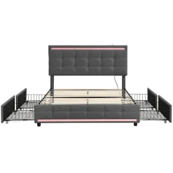 Lit double 140x200 cm, LED, 4 tiroirs, tête de lit avec USB, tissu lin gris><noscript><img width=