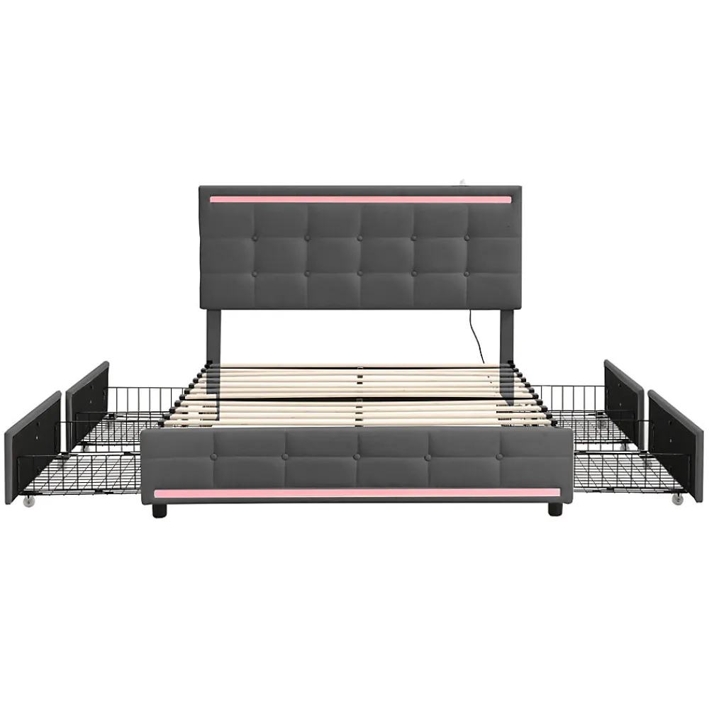 Lit double 140x200 cm, LED, 4 tiroirs, tête de lit avec USB, tissu lin gris>Simple Life Outlet