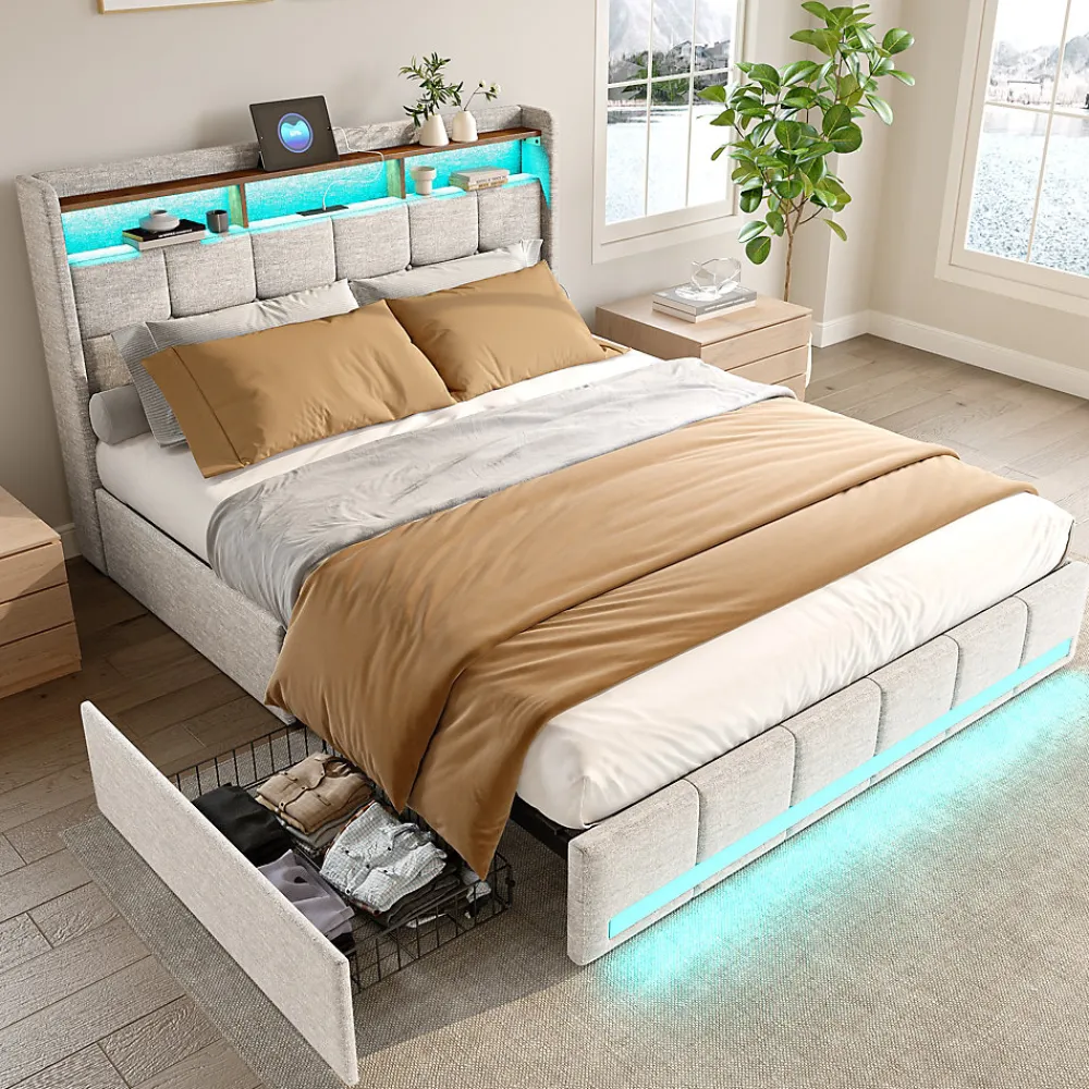 ProximaX Lit double 160x200 cm lin beige avec LED, 4 tiroirs métal, rangement tête de lit et ports USB/Type-C - Moderne et fonctionnel* Lit Coffre