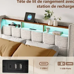 ProximaX Lit double 160x200 cm lin beige avec LED, 4 tiroirs métal, rangement tête de lit et ports USB/Type-C - Moderne et fonctionnel* Lit Coffre