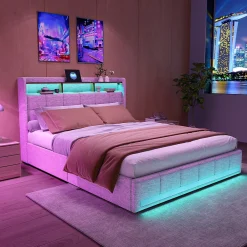 ProximaX Lit double 160x200 cm lin beige avec LED, 4 tiroirs métal, rangement tête de lit et ports USB/Type-C - Moderne et fonctionnel* Lit Coffre