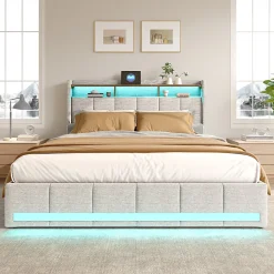 ProximaX Lit double 160x200 cm lin beige avec LED, 4 tiroirs métal, rangement tête de lit et ports USB/Type-C - Moderne et fonctionnel* Lit Coffre