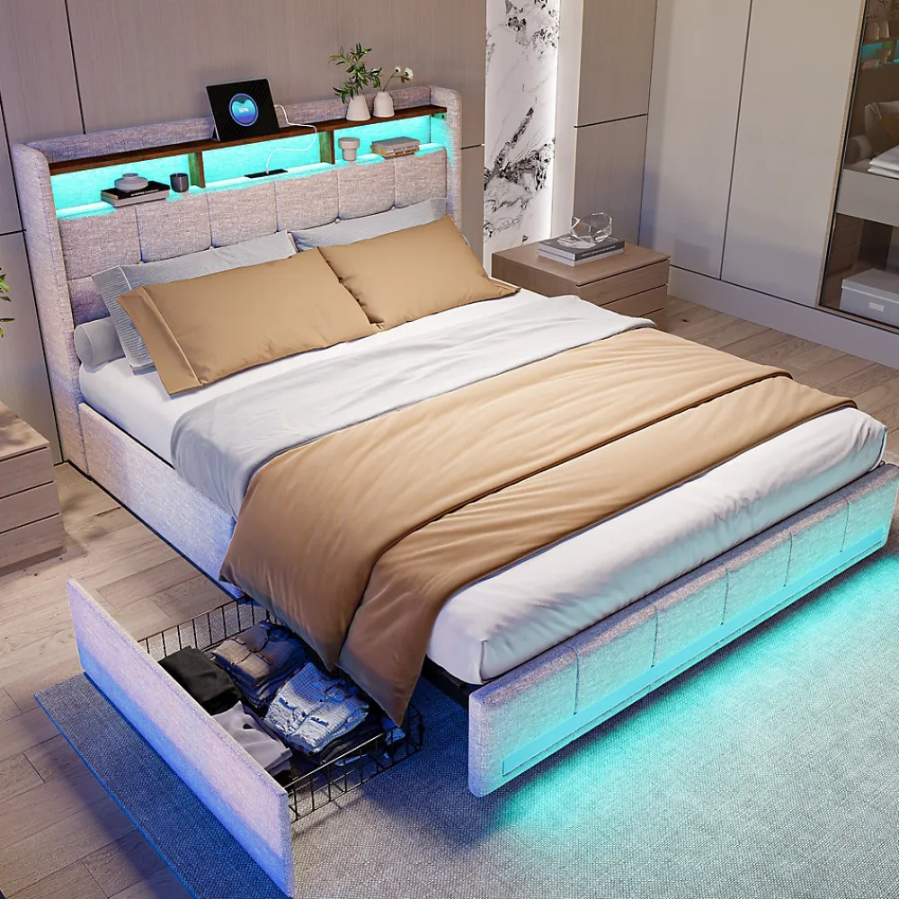 ProximaX Lit double 160x200 cm lin beige avec LED, 4 tiroirs métal, rangement tête de lit et ports USB/Type-C - Moderne et fonctionnel* Lit Coffre